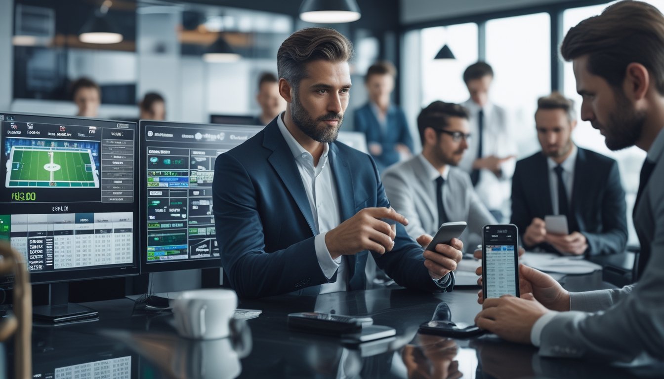 Orang-orang bekerja di kantor modern dengan layar digital menampilkan data olahraga dan peluang taruhan.