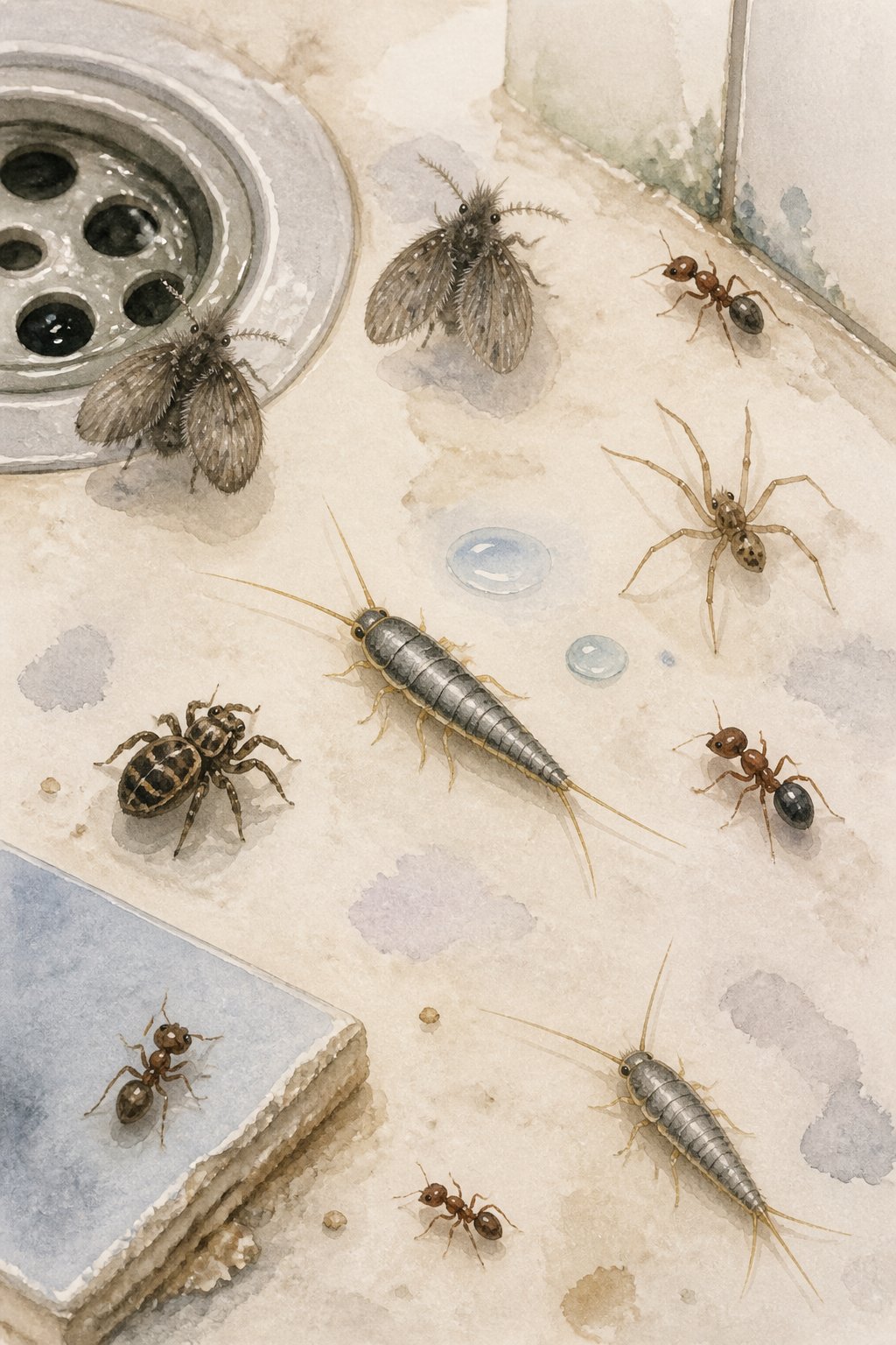 A collection of common bathroom bugs including silverfish, drain flies, spiders, and ants arranged on a neutral background.