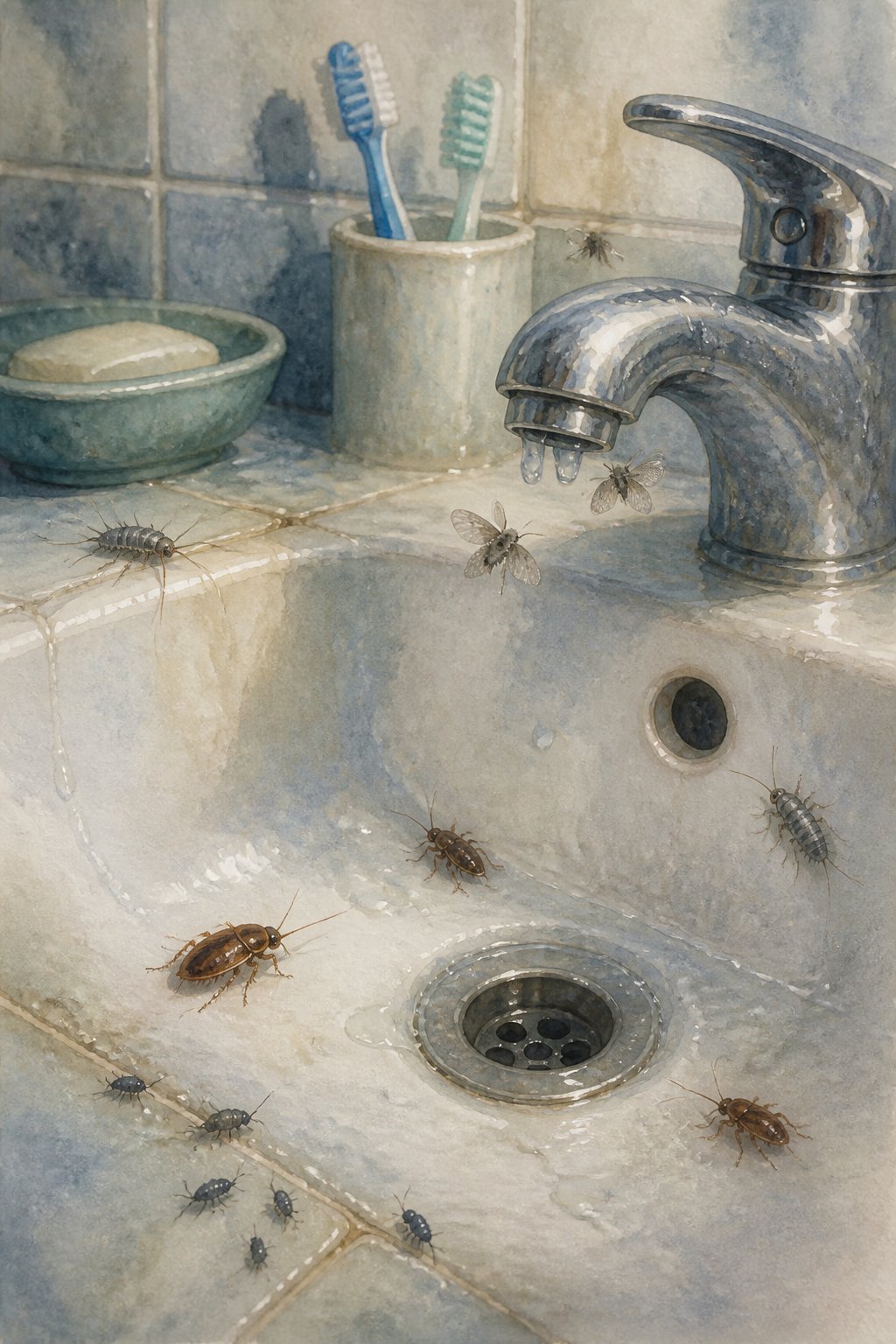 A bathroom sink area with small insects like cockroaches, silverfish, drain flies, and springtails on tiles and near the faucet.