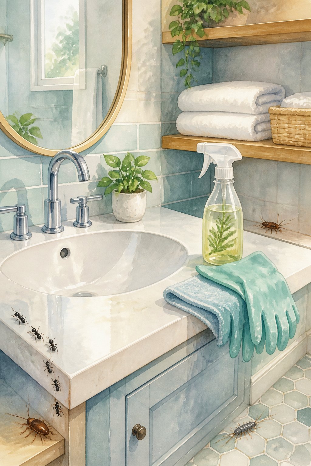A clean bathroom sink area with towels, a potted plant, cleaning supplies, and small bathroom bugs near corners.
