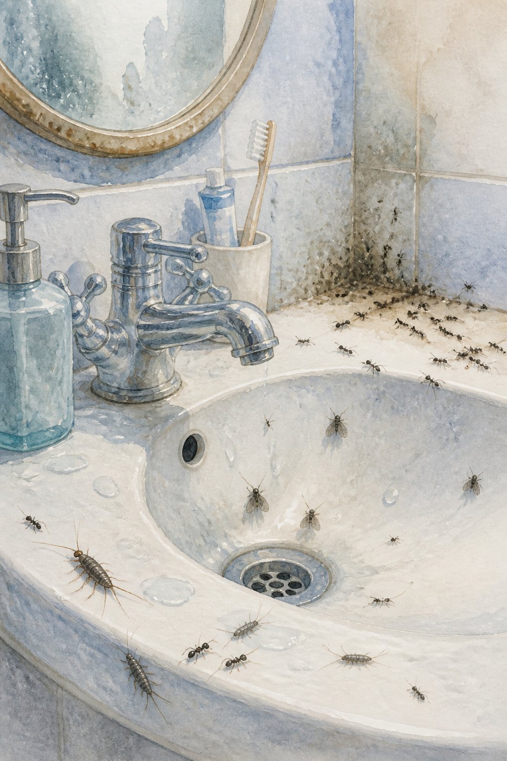 A close-up view of a bathroom sink area with small insects crawling near the faucet and edges.
