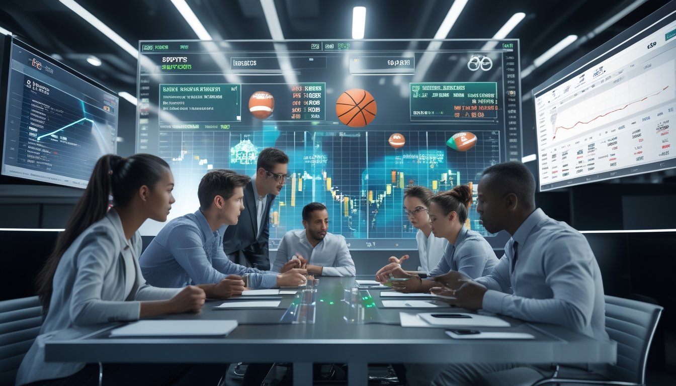 Orang-orang profesional sedang menganalisis data taruhan olahraga di kantor modern dengan layar komputer besar yang menampilkan grafik dan peluang taruhan.