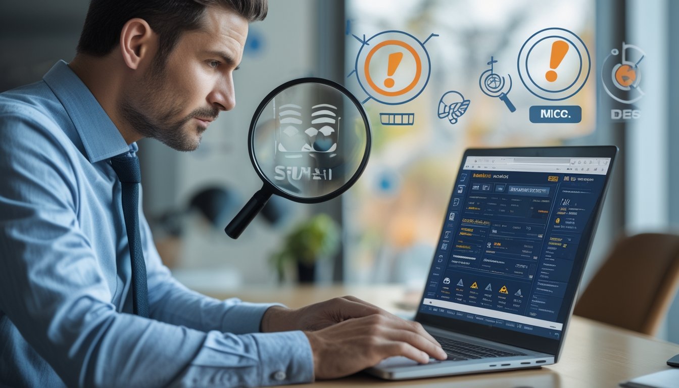 Seorang pria duduk di depan laptop dengan ekspresi khawatir, memperhatikan layar yang menampilkan situs judi olahraga yang mencurigakan di sebuah kantor modern.