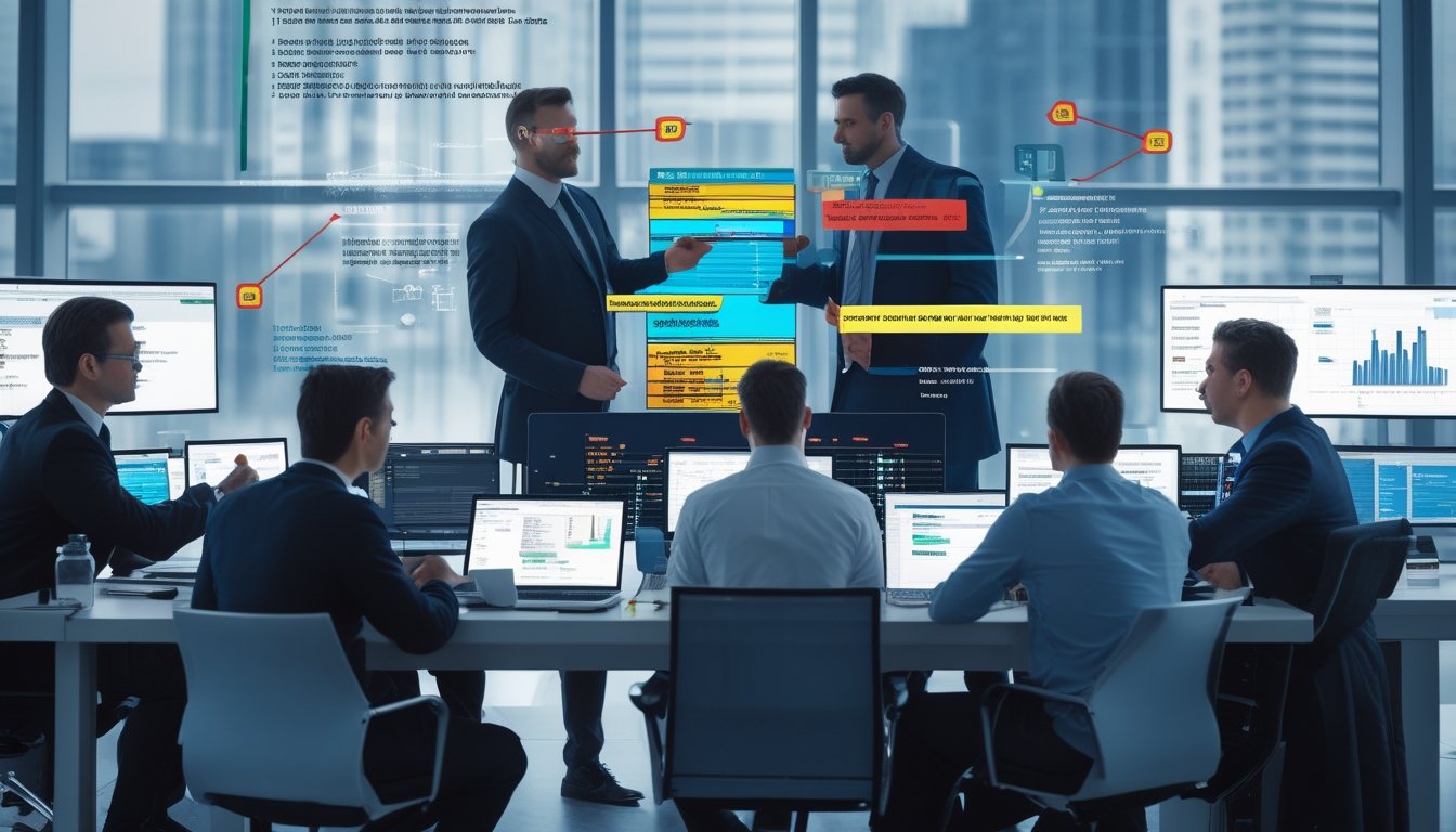 Sekelompok profesional sedang berdiskusi di kantor modern dengan perangkat digital, menganalisis data untuk mengenali tanda-tanda perjudian olahraga ilegal.