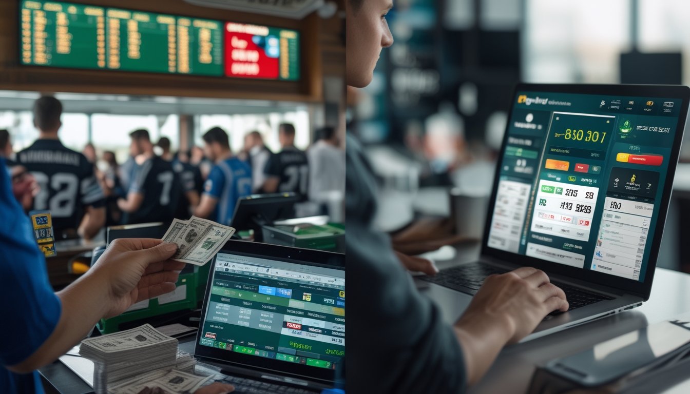 Seseorang bertaruh di konter judi olahraga tradisional di sebelah kiri, dan seseorang menggunakan platform taruhan online di laptop atau ponsel di sebelah kanan.