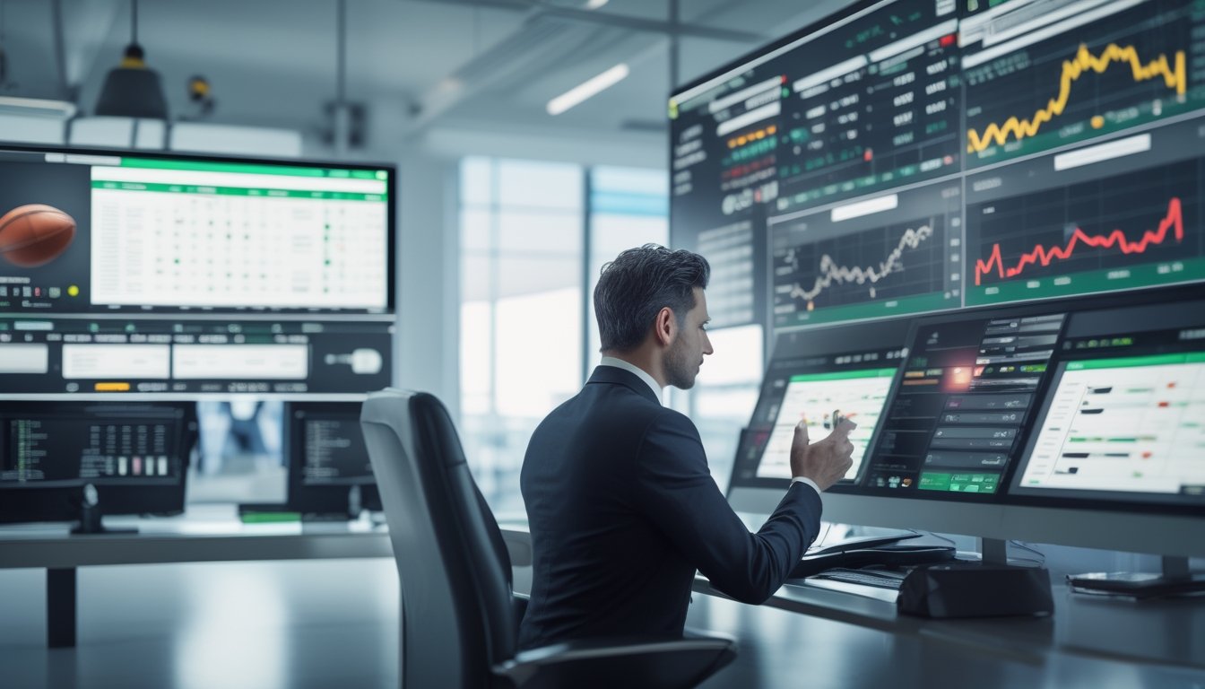 Seorang profesional di kantor modern sedang menganalisis data taruhan olahraga dengan layar komputer menampilkan grafik dan acara olahraga.