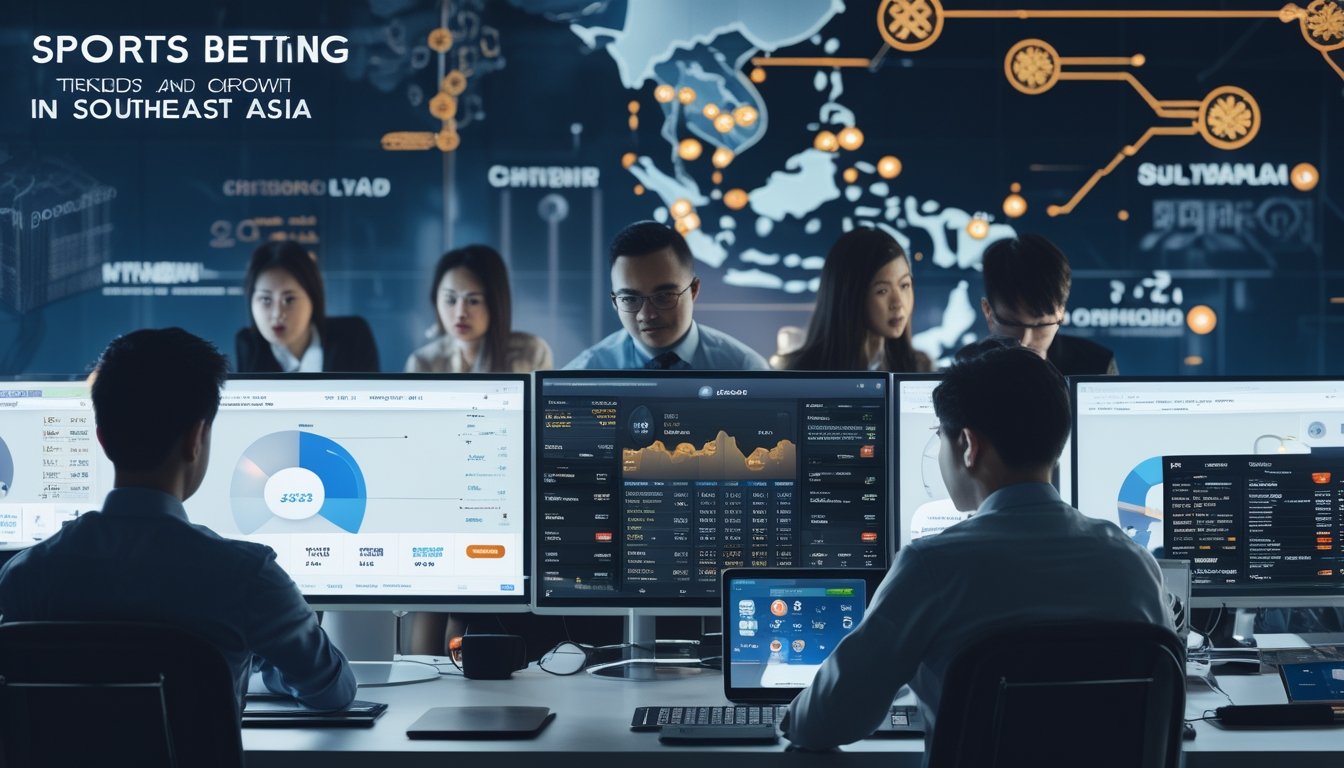 Tim profesional sedang menganalisis data tren industri judi olahraga digital di kantor modern dengan layar komputer menampilkan grafik dan pertandingan olahraga.
