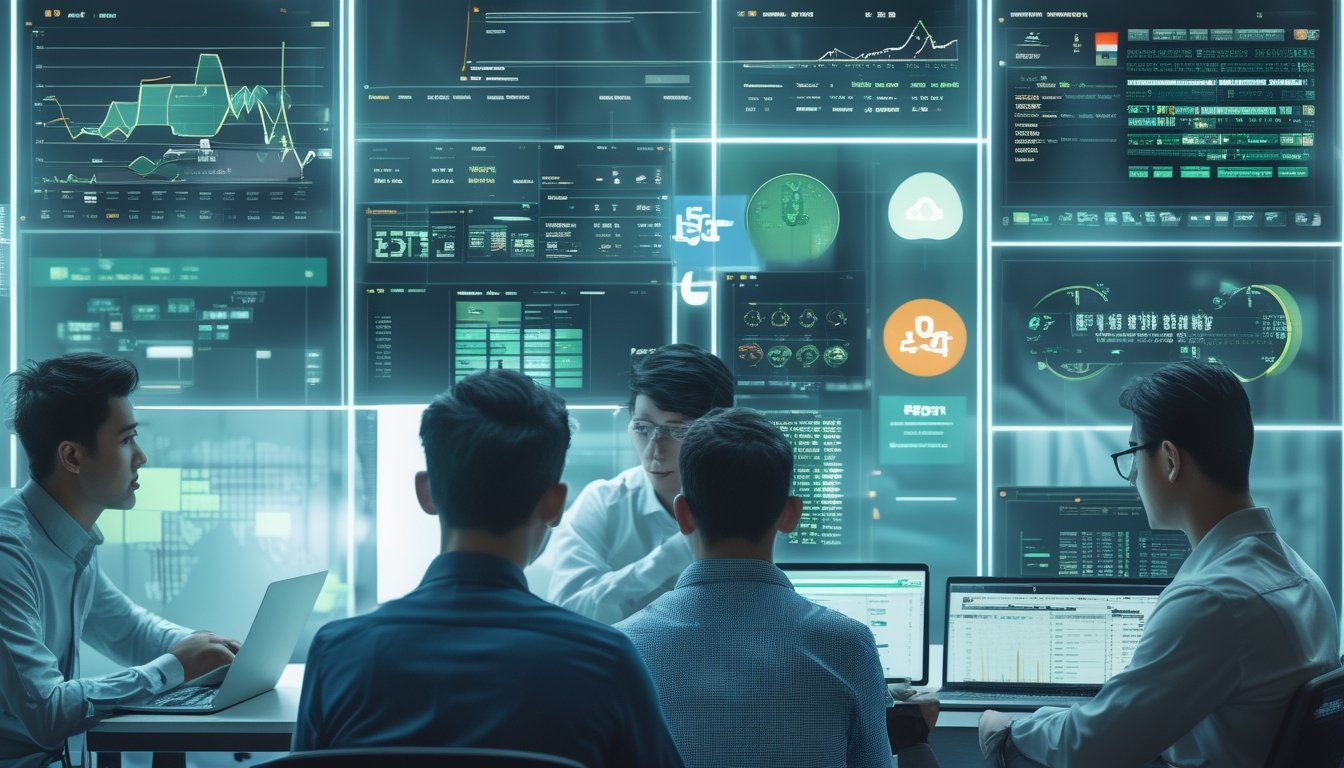 Sekelompok profesional muda sedang bekerja dengan layar digital besar menampilkan data dan grafik terkait industri judi olahraga di lingkungan kantor modern.