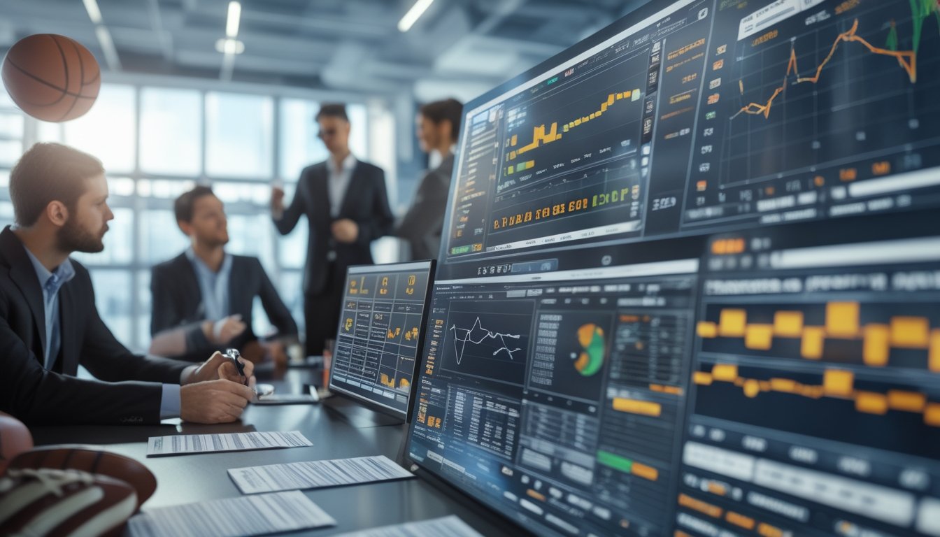 Sekelompok profesional sedang menganalisis data dan grafik odds taruhan olahraga di kantor modern.