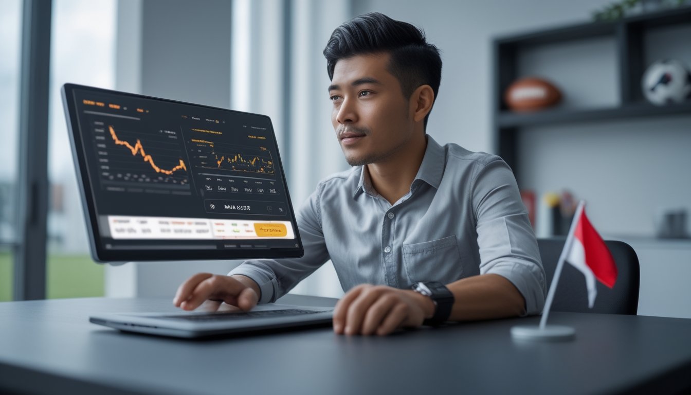 Seorang pria Indonesia menggunakan laptop dengan tampilan statistik taruhan sepak bola di layar, di ruangan modern dengan dekorasi bertema sepak bola.