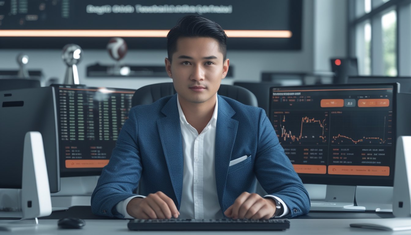 Seorang pria Indonesia duduk di meja dengan beberapa layar komputer yang menampilkan data taruhan sepak bola, di kantor modern dengan dekorasi bertema sepak bola.