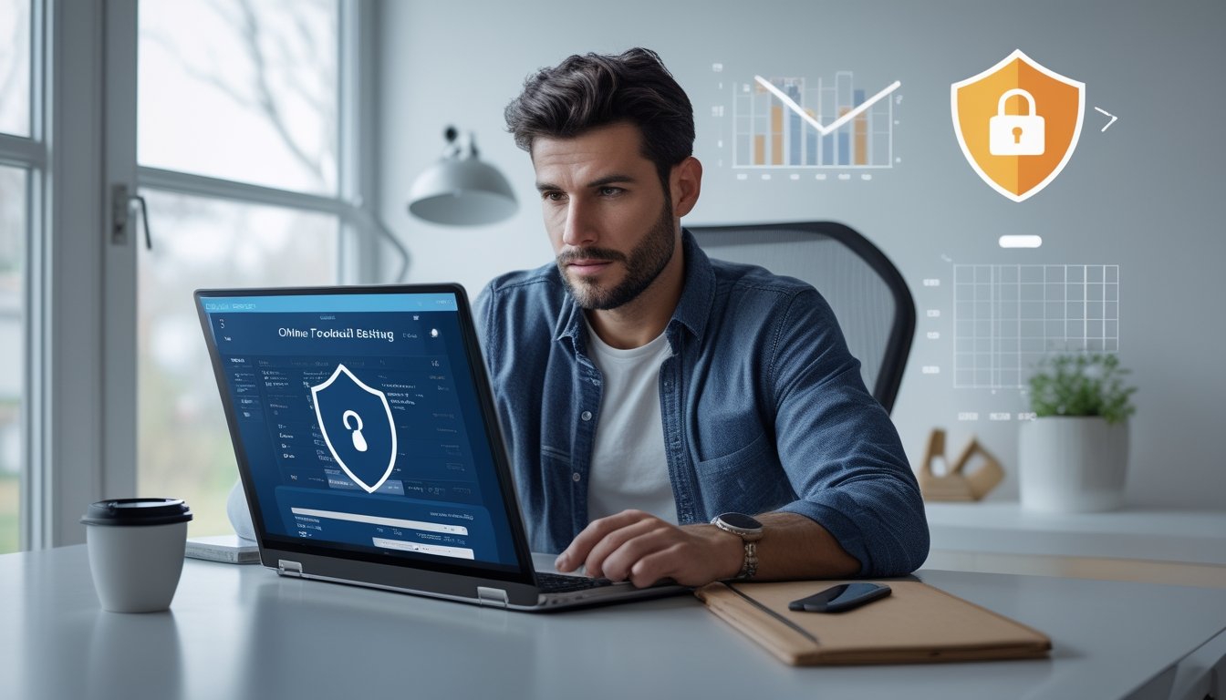 Seorang pria sedang menggunakan laptop di ruang kerja rumah yang rapi, tampak fokus dan serius, dengan simbol keamanan dan grafik di latar belakang.