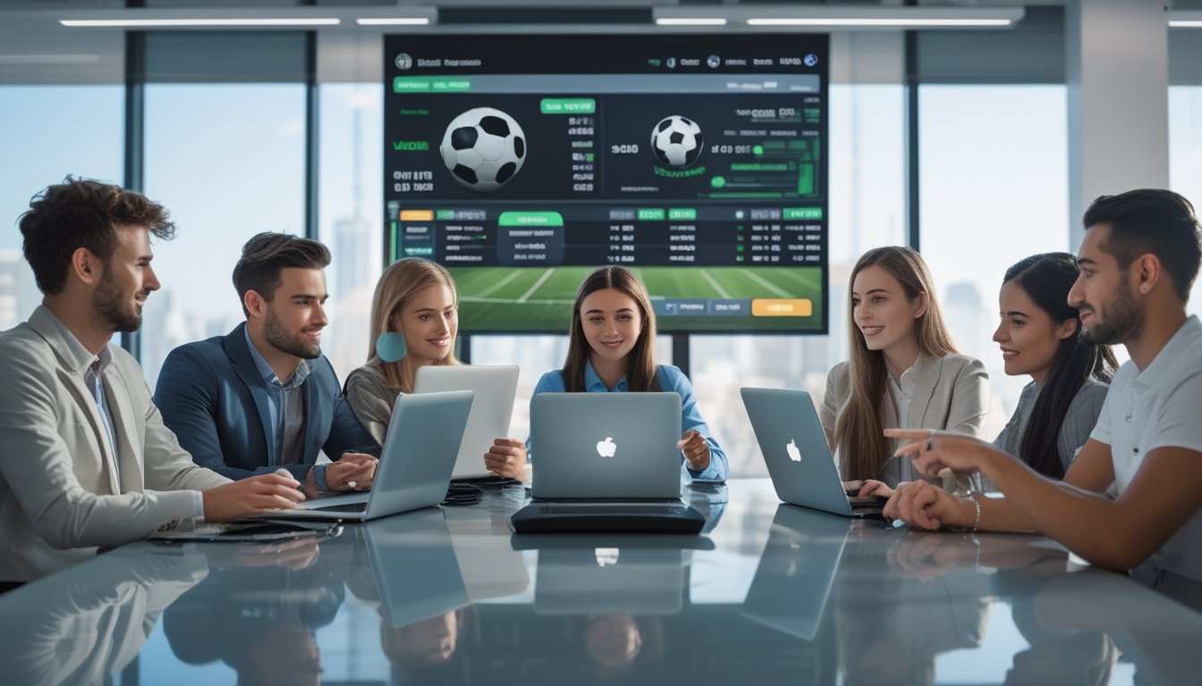 Sekelompok orang muda sedang berdiskusi di meja dengan laptop dan tablet yang menampilkan statistik dan skor pertandingan sepak bola.