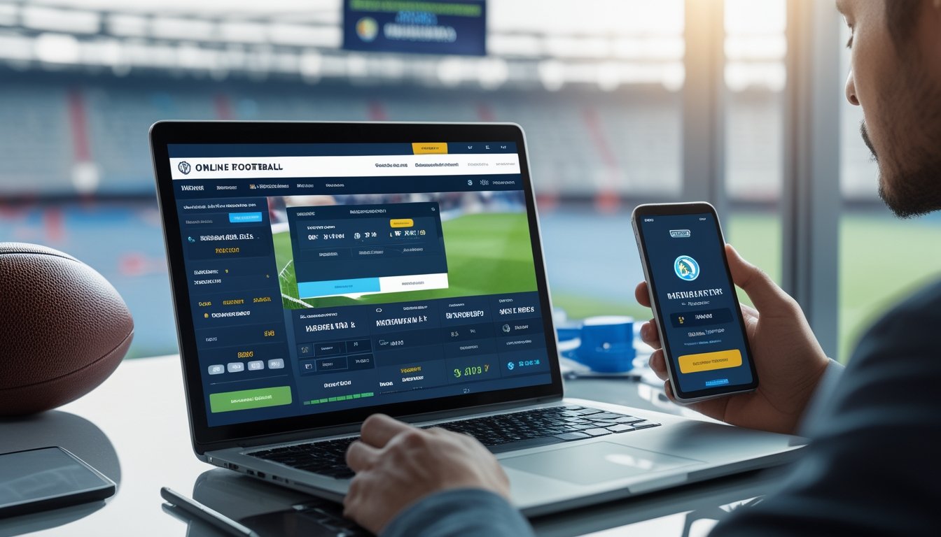 Seorang pria menggunakan laptop dan ponsel untuk memasang taruhan sepak bola dengan proses deposit dan penarikan cepat.