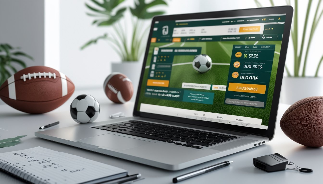 Meja kerja dengan laptop yang menampilkan situs taruhan sepak bola online dan bola sepak di sampingnya.