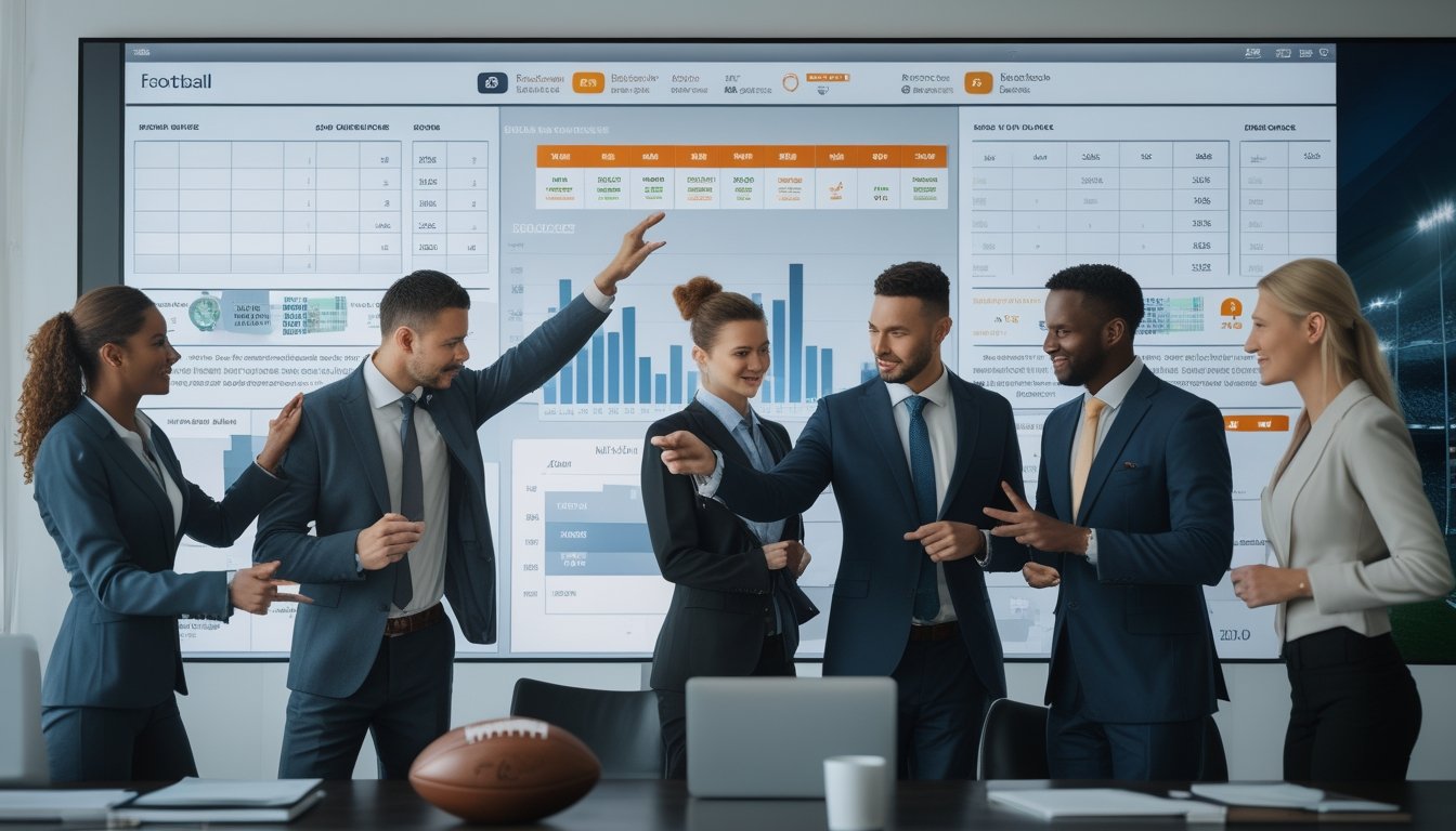 Sekelompok profesional sedang berdiskusi di kantor dengan layar besar menampilkan grafik dan data terkait taruhan sepak bola.