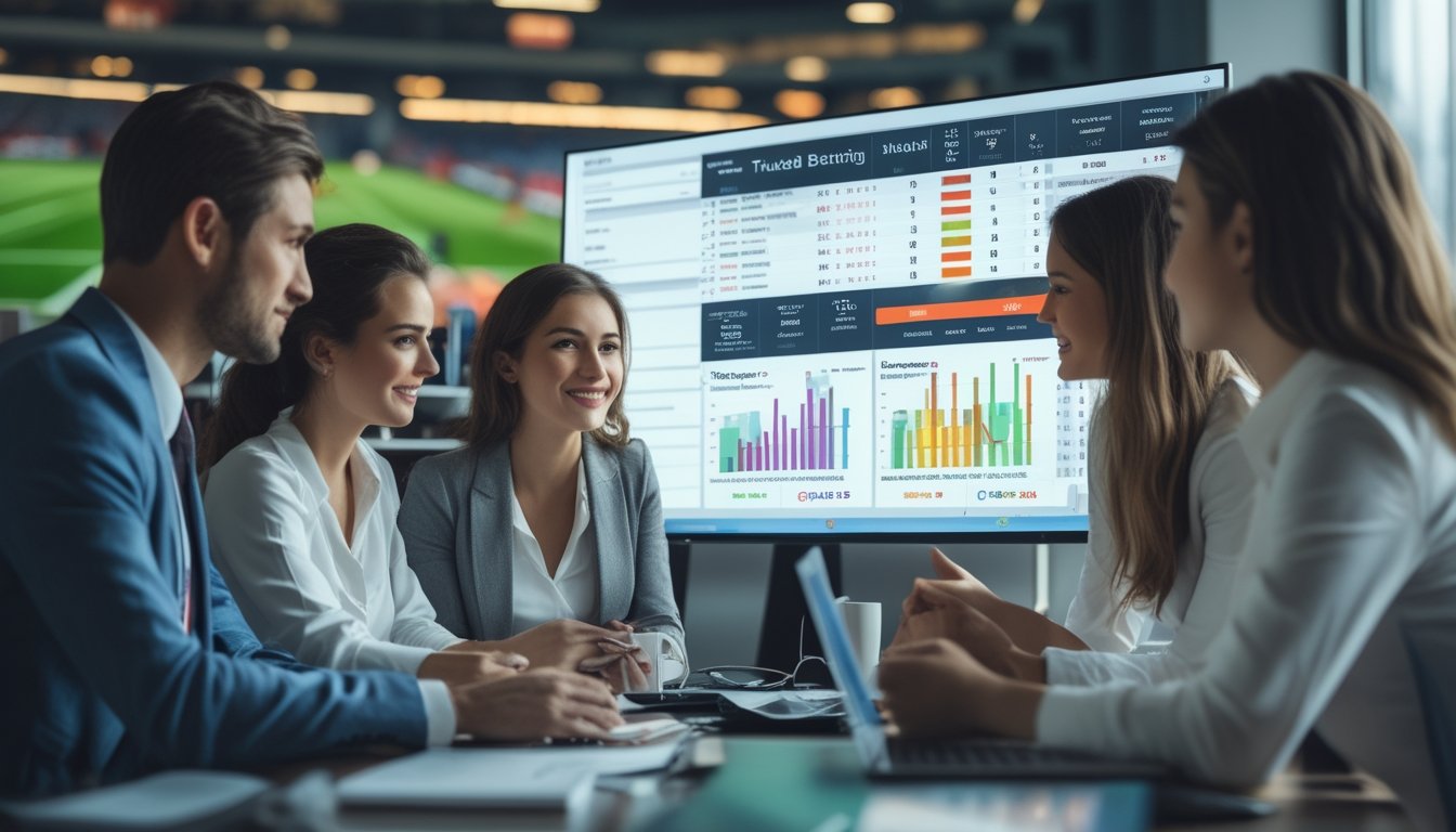 Sekelompok profesional sedang berdiskusi di kantor dengan layar besar yang menampilkan grafik dan data perbandingan odds bandar taruhan sepak bola.