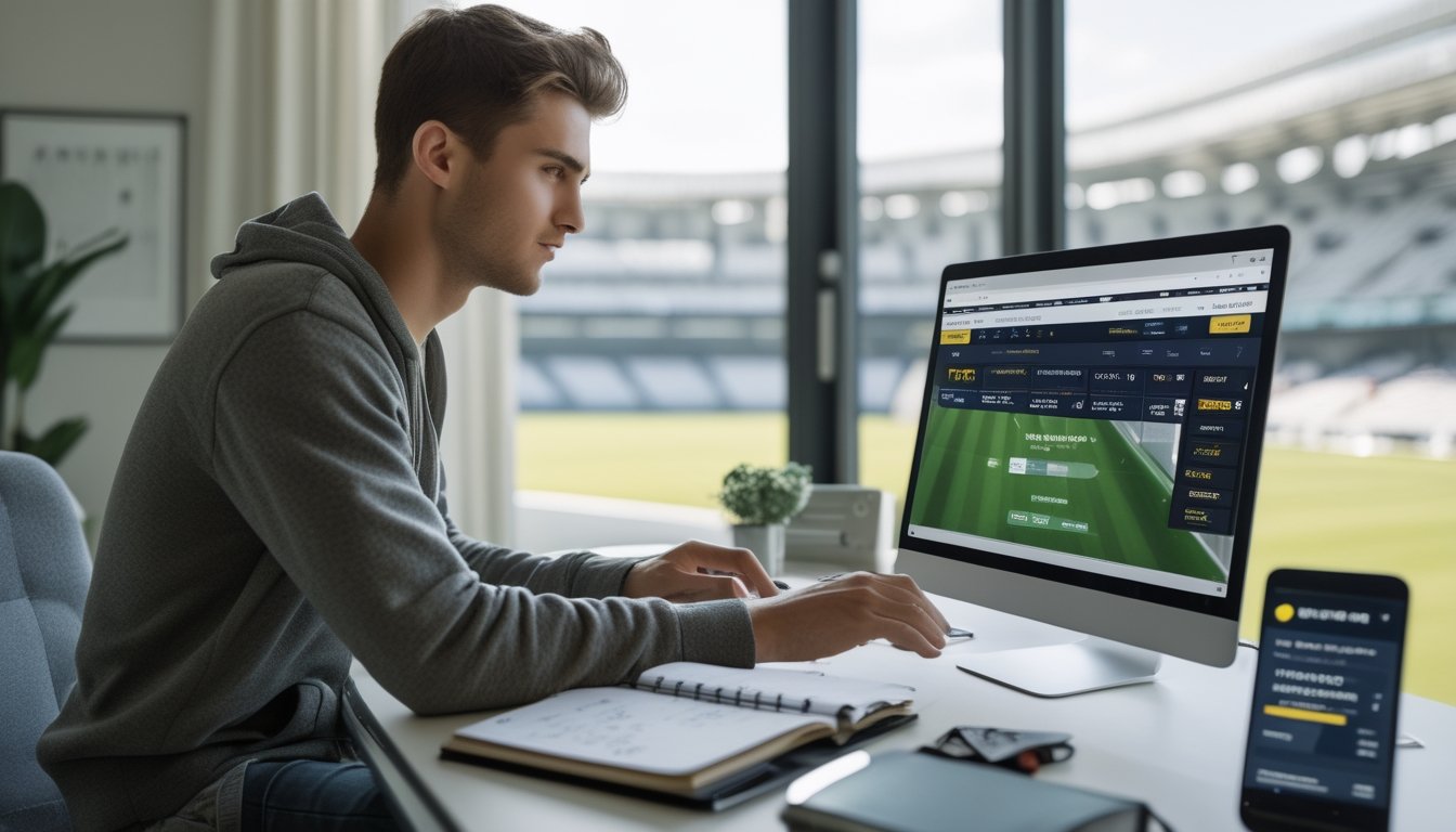 Seorang pria muda duduk di meja dengan laptop, mencermati situs taruhan sepak bola online dengan suasana fokus dan serius.