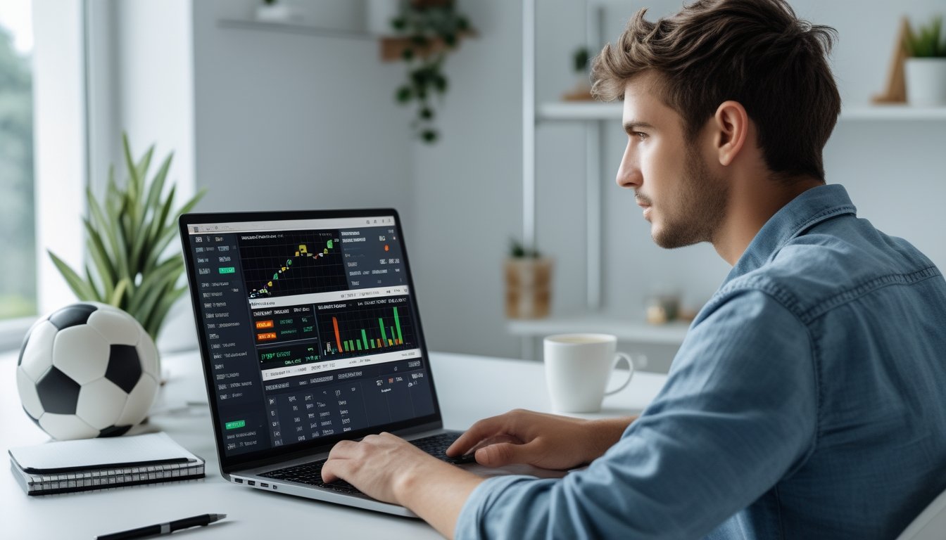Seorang pria muda duduk di meja dengan laptop yang menampilkan situs taruhan sepak bola online, terlihat fokus dan sedang menganalisis data.