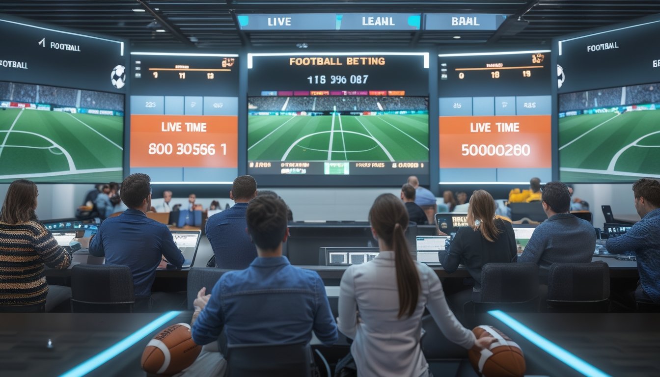 Beberapa orang menonton pertandingan sepak bola secara langsung di layar besar sambil menggunakan perangkat digital untuk memasang taruhan.