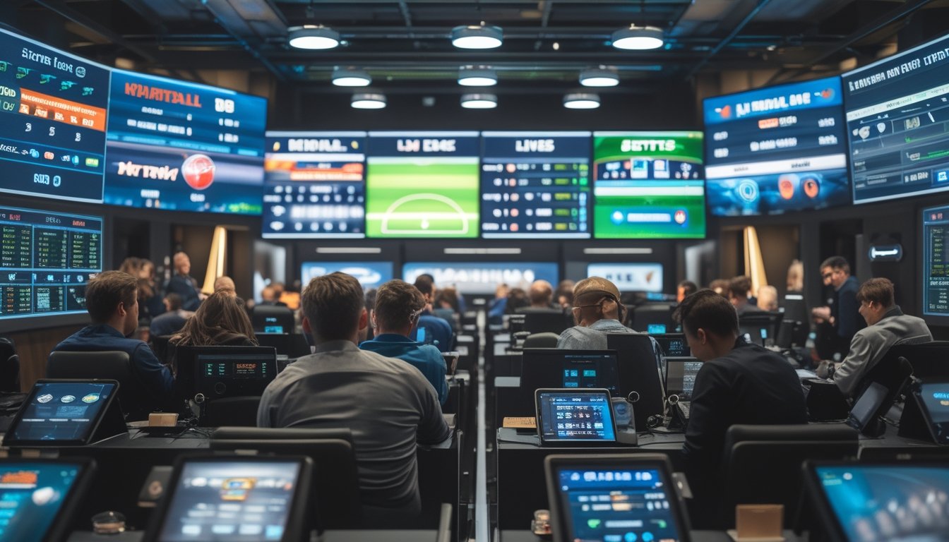 Orang-orang sedang menggunakan layar digital besar untuk melihat pertandingan sepak bola langsung dan memperbarui skor secara real-time di sebuah ruang taruhan modern.