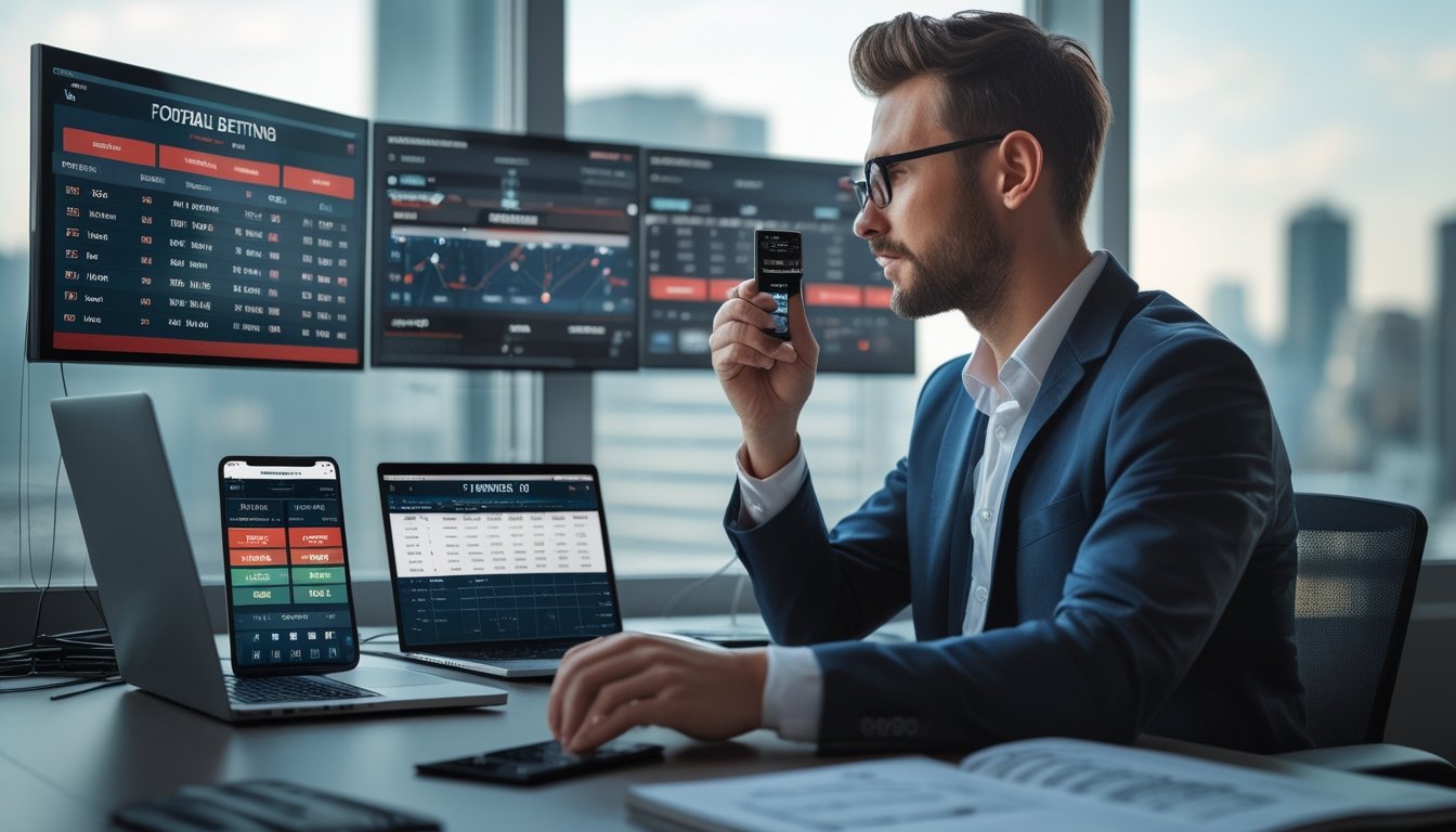Seorang pria berpakaian rapi sedang menganalisis data taruhan sepak bola di depan beberapa layar digital di kantor modern.