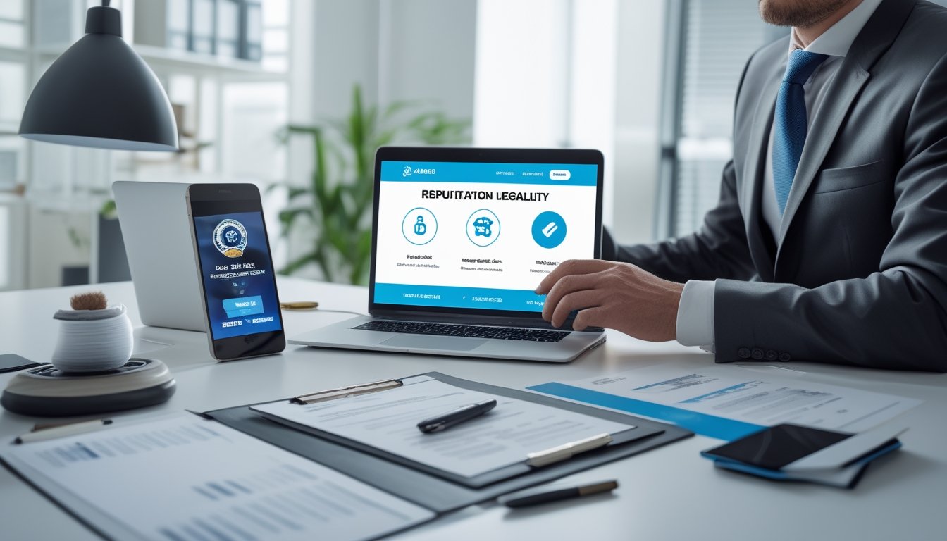 Seorang profesional bisnis duduk di meja modern dengan laptop yang menampilkan situs web aman, dikelilingi dokumen dan ponsel yang menampilkan skor pertandingan sepak bola.
