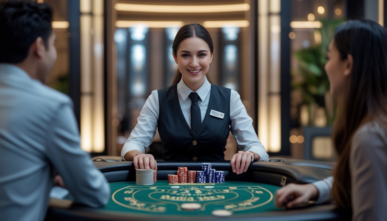Seorang dealer profesional tersenyum di meja permainan kartu di kasino yang aman dan nyaman.