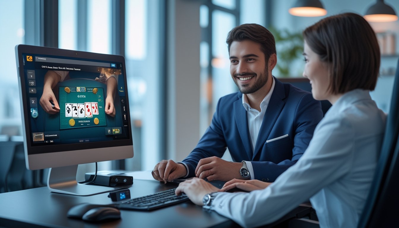 Seorang dealer judi online yang percaya diri berinteraksi dengan pemain melalui komputer dalam suasana kantor yang bersih dan terang.