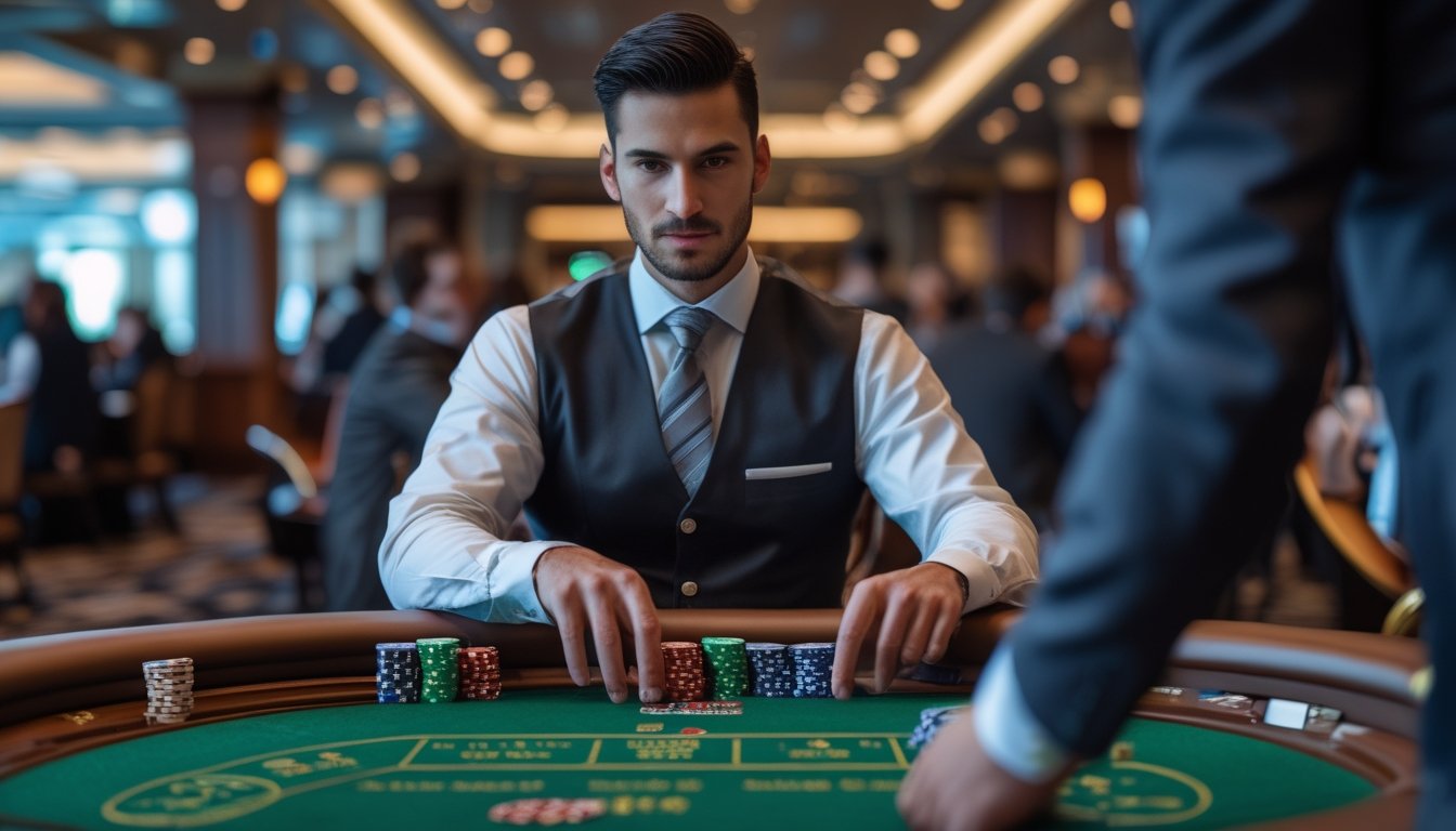 Seorang dealer pria profesional duduk di meja hijau dengan kartu dan chip poker di kasino yang mewah.