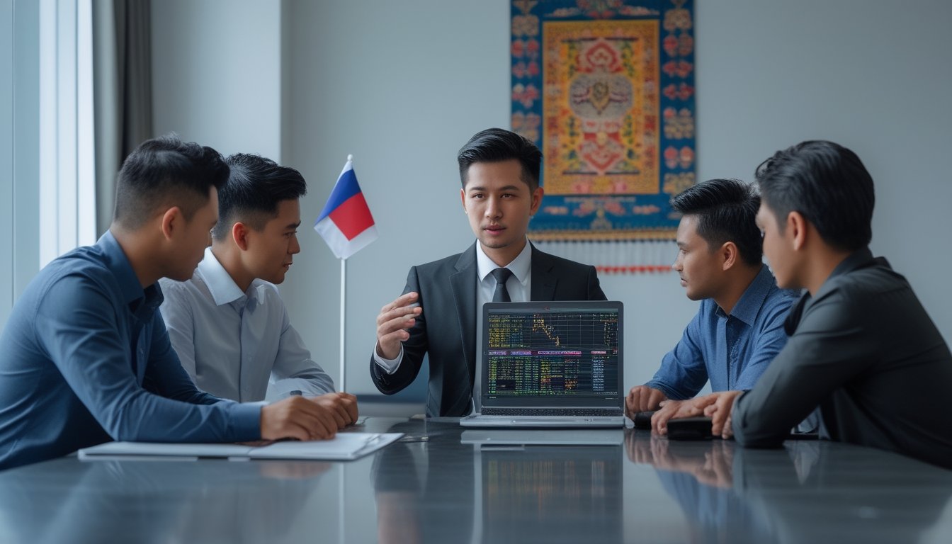 Sekelompok pria sedang berdiskusi bisnis di kantor modern dengan latar belakang elemen budaya Indonesia.