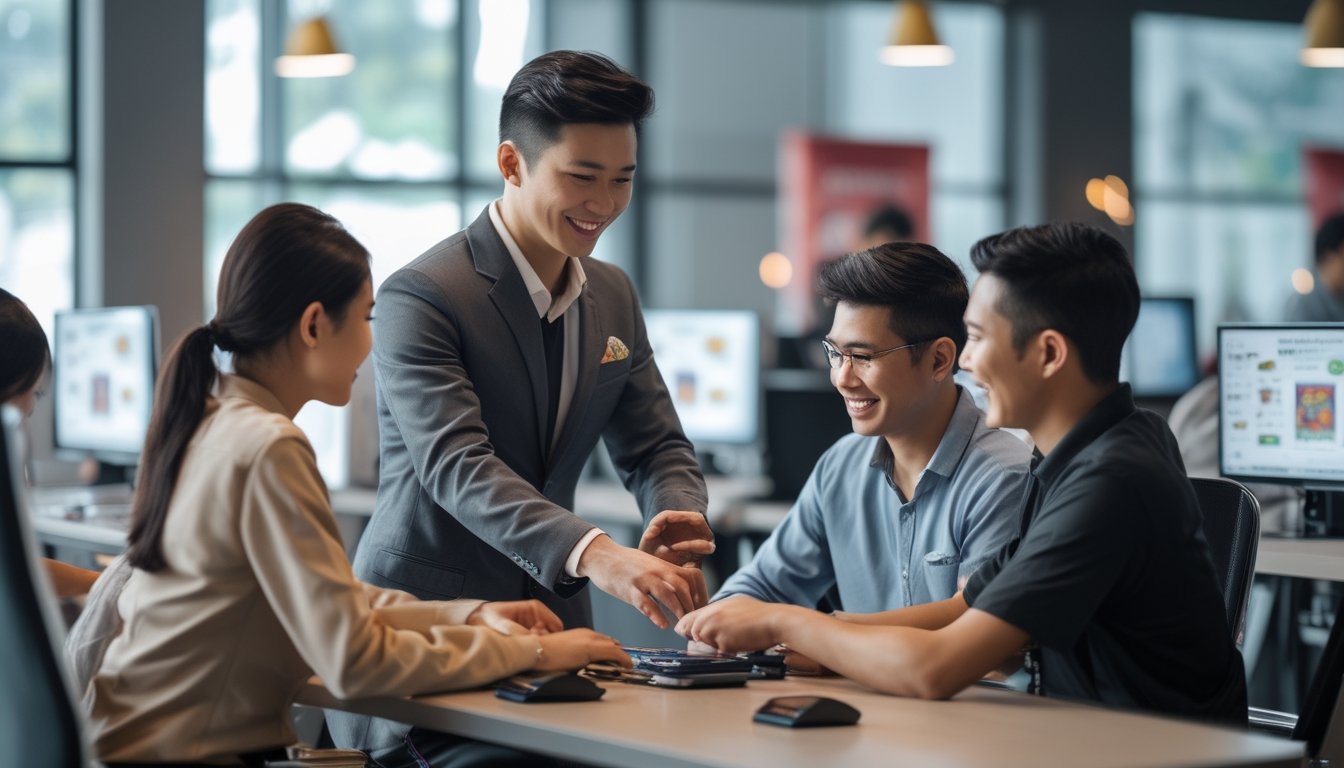 Seorang petugas layanan pelanggan yang ramah membantu beberapa pelanggan di ruang kantor dealer yang modern dan terang.
