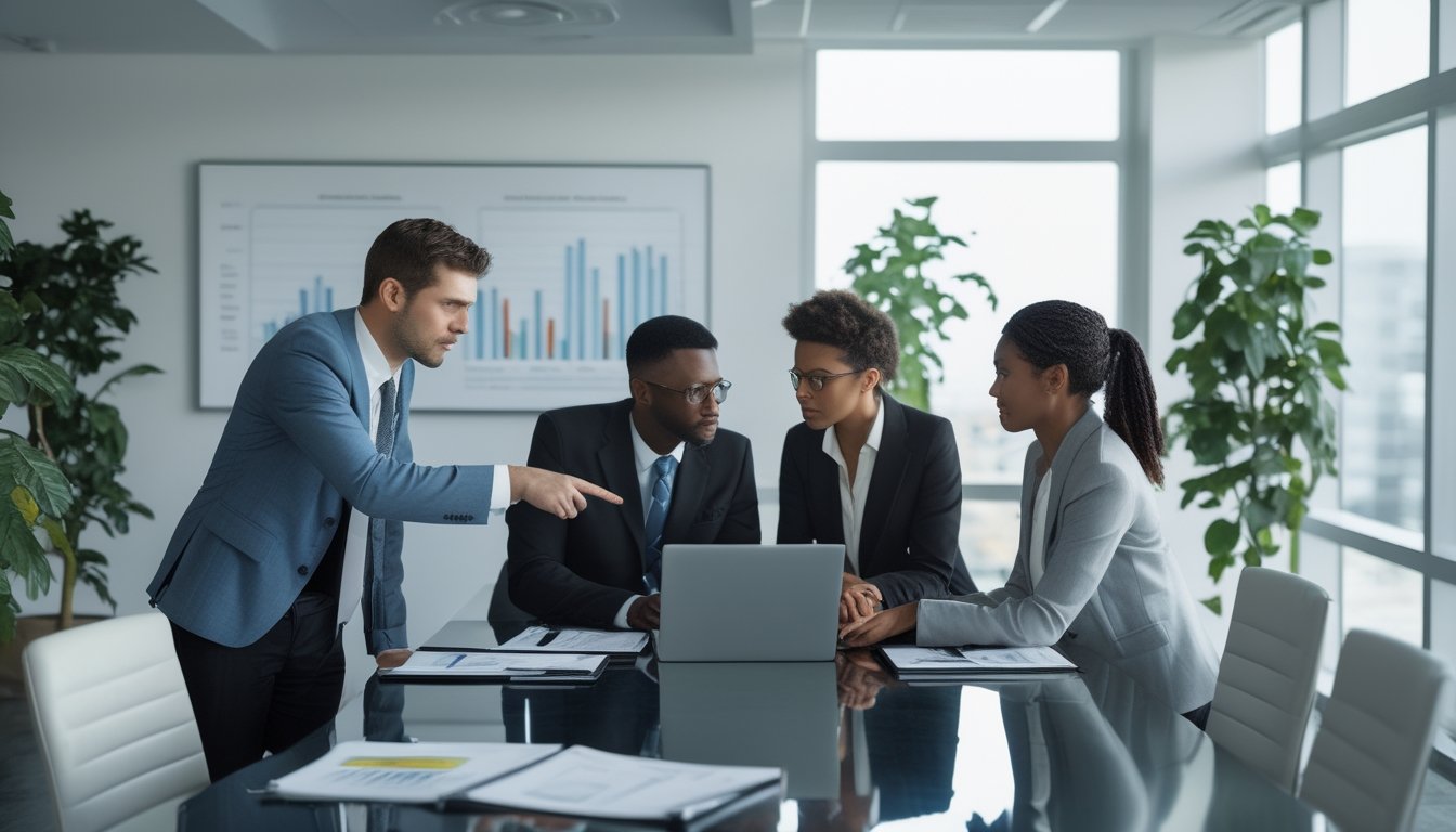 Tiga profesional bisnis sedang berdiskusi serius di ruang kantor modern dengan laptop dan grafik di layar.