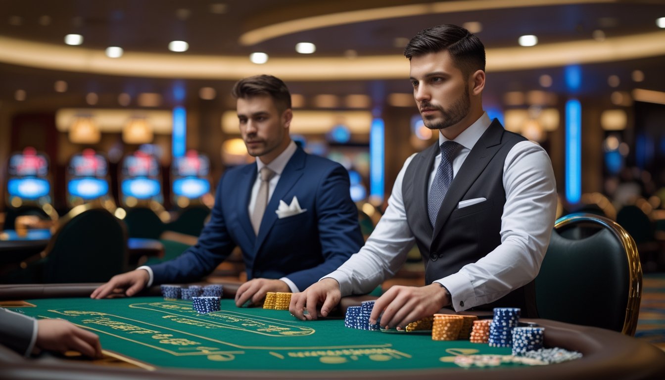 Dua dealer di meja permainan Ceme, satu mengenakan setelan rapi dan fokus, satu lagi berpakaian kasual dengan ekspresi kurang serius, di dalam kasino yang terang.