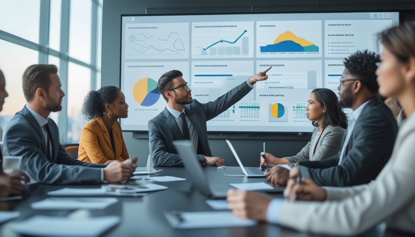 Sekelompok profesional bisnis sedang berdiskusi di ruang konferensi modern dengan layar digital menampilkan grafik dan data.