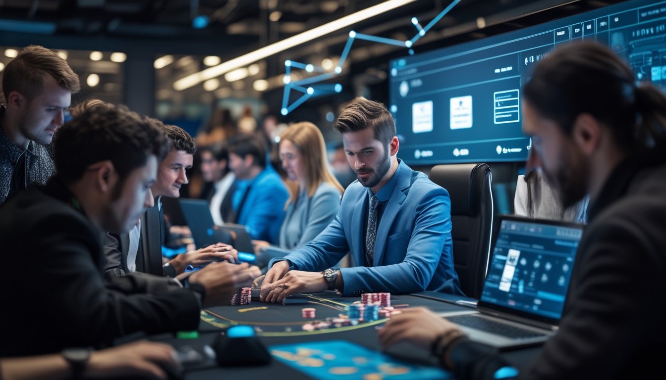Seorang dealer Ceme profesional berinteraksi dengan pemain yang menggunakan laptop dan ponsel dalam lingkungan permainan yang modern dan terang.