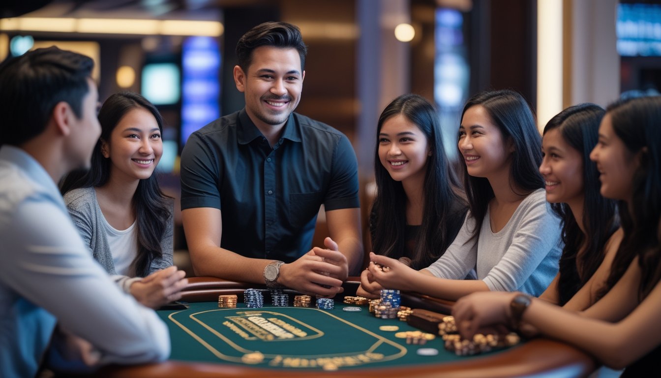 Seorang dealer yang percaya diri menjelaskan permainan kepada beberapa pemula di sebuah ruang permainan yang modern dan terang.