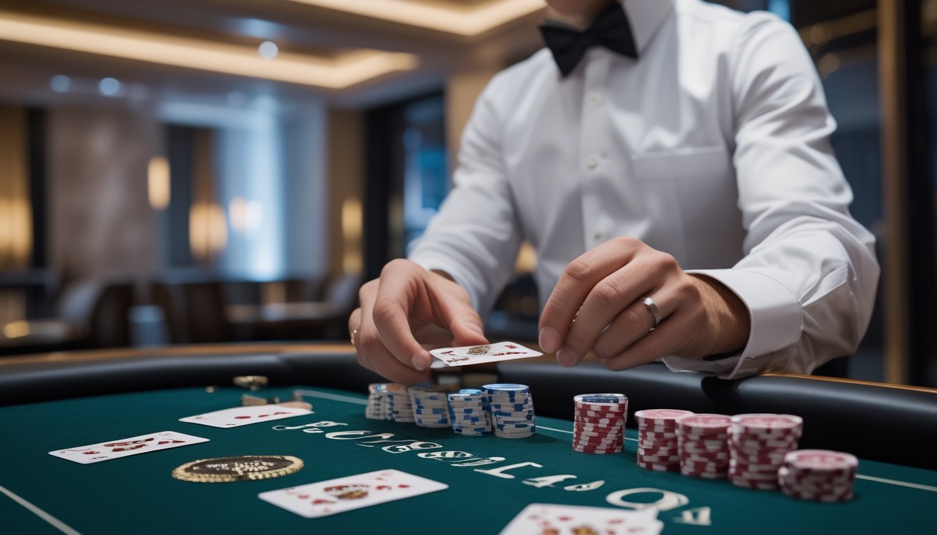 Seorang dealer Ceme profesional sedang menangani kartu di meja permainan di ruangan kasino yang modern dan rapi.