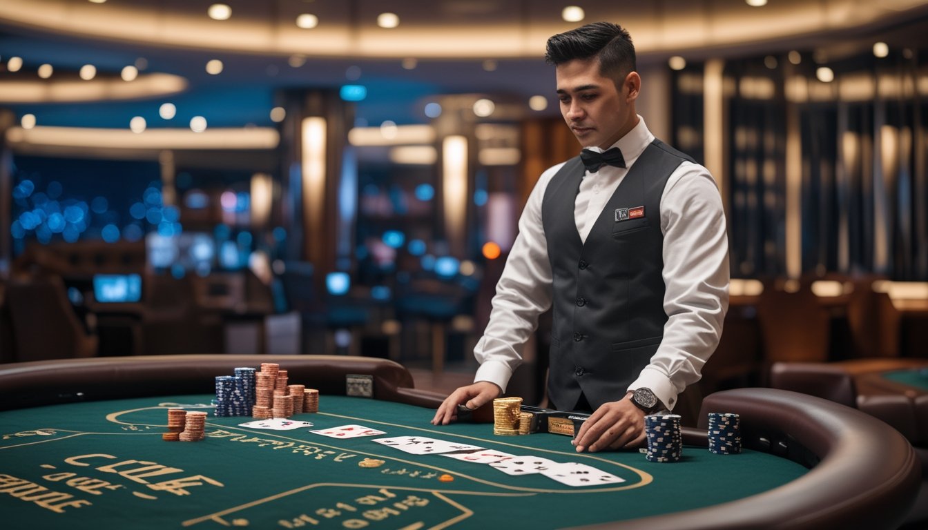 Seorang dealer profesional sedang mengelola permainan Ceme di meja kasino dengan kartu dan chip tertata rapi.