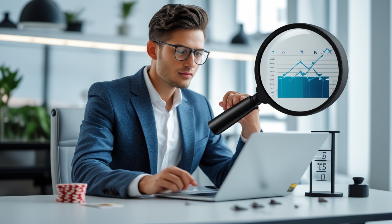 Seorang individu duduk di meja modern dengan laptop dan alat evaluasi, menilai kredibilitas dealer ceme sebelum mulai bermain.