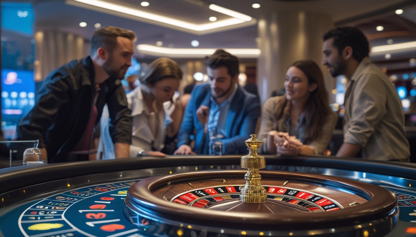Beberapa orang bermain di meja Lightning Roulette di kasino dengan suasana yang terang dan modern.
