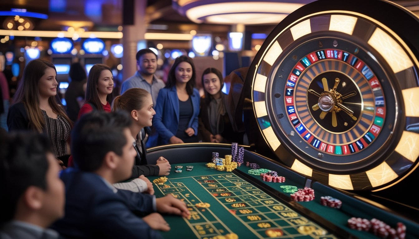 Meja roulette dengan roda Lightning Roulette yang menyala dan beberapa pemain memperhatikan permainan dengan serius.