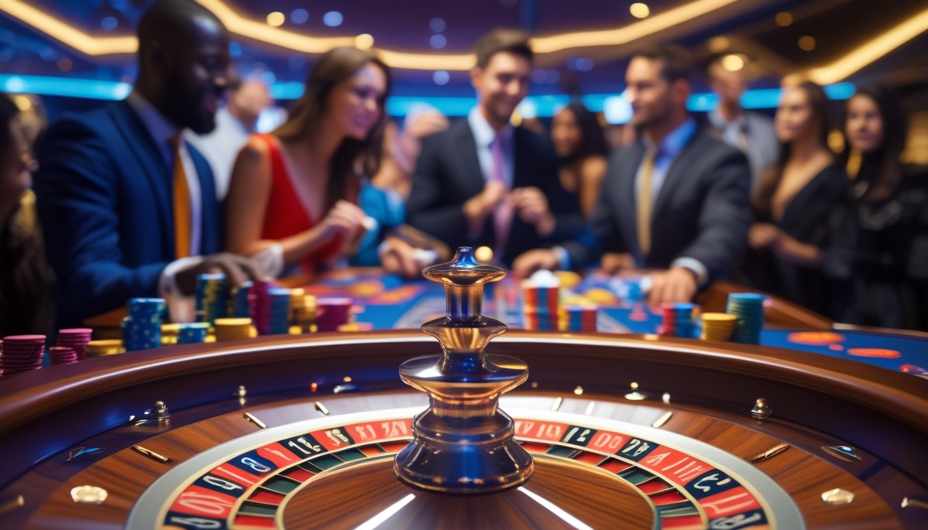 Meja roulette modern dengan roda berputar dan pemain yang antusias di kasino mewah.