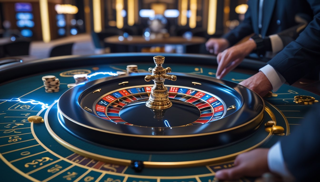 Meja roulette dengan efek petir di kasino modern dan tangan pemain yang sedang memasang taruhan.