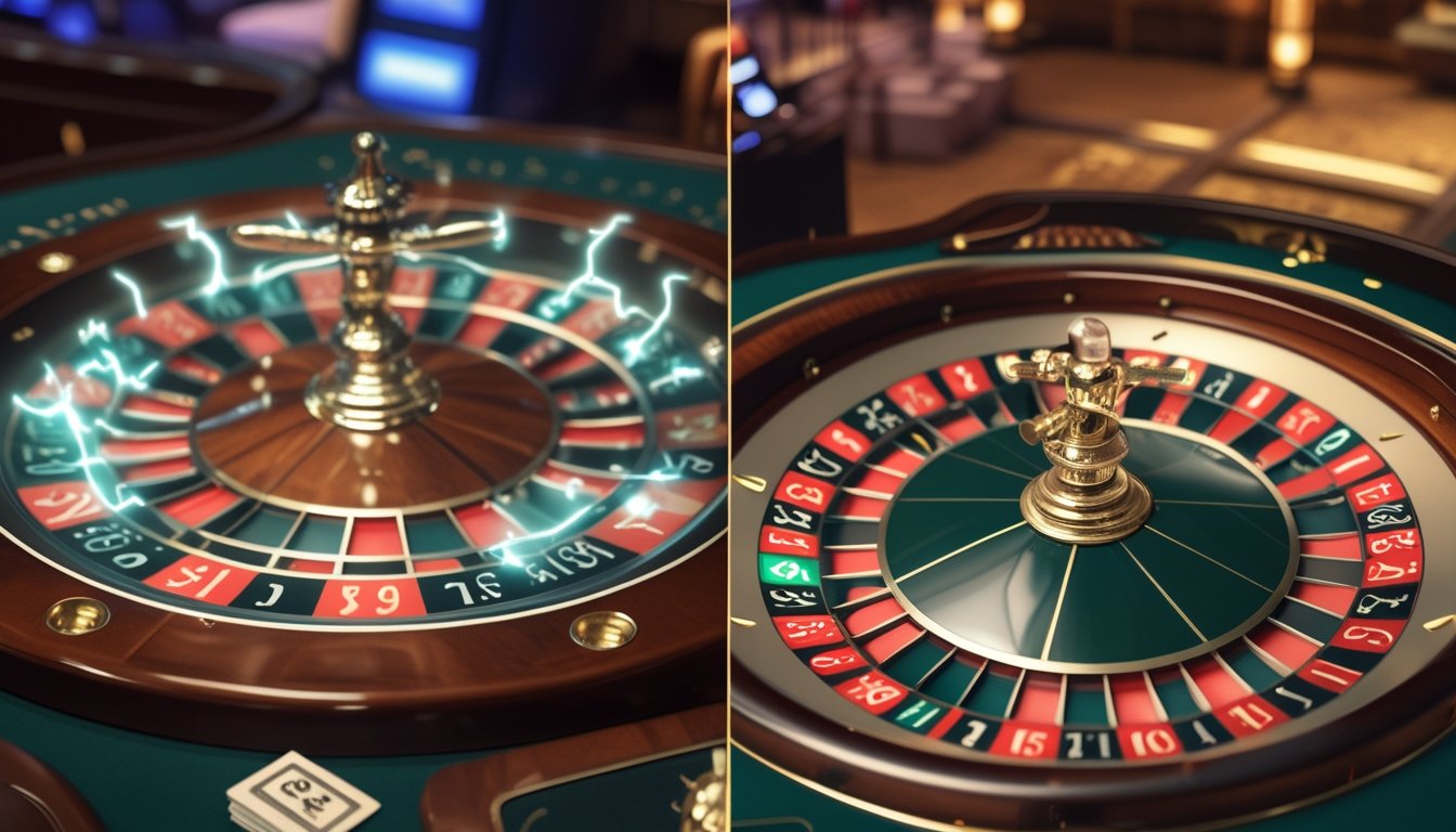 Dua meja roulette di kasino, satu dengan efek petir dan satu dengan desain roulette Eropa klasik.