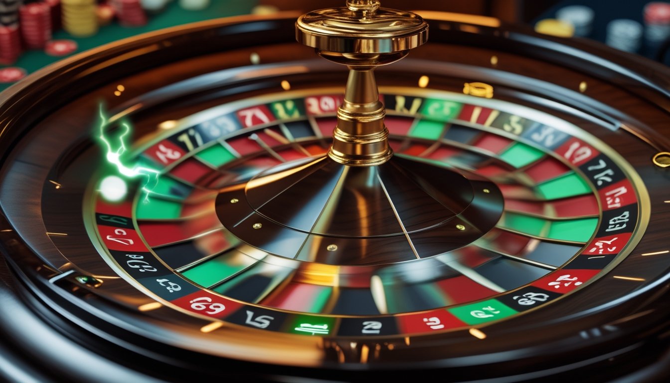 Foto close-up roda roulette yang sedang berputar dengan efek petir di satu sisi dan roda roulette Eropa klasik di sisi lain di dalam suasana kasino.