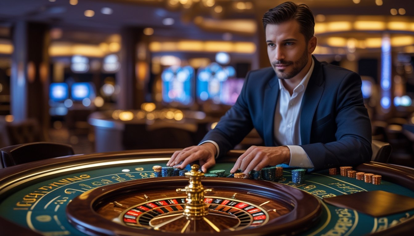 Seorang pria berpenampilan profesional sedang fokus bermain Lightning Roulette di kasino mewah dengan roda roulette dan chip di mejanya.