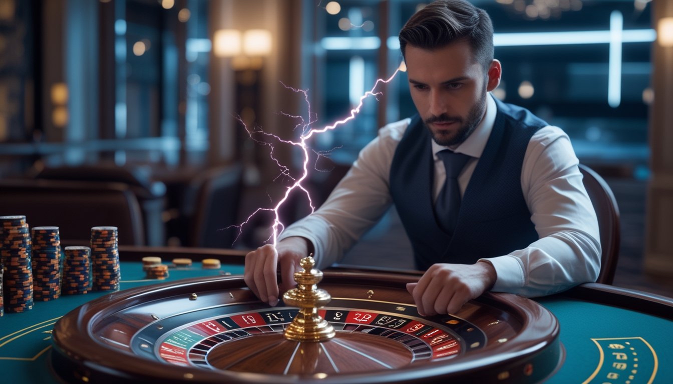 Seorang pemain berpengalaman sedang fokus bermain Lightning Roulette di meja kasino dengan suasana mewah dan pencahayaan hangat.