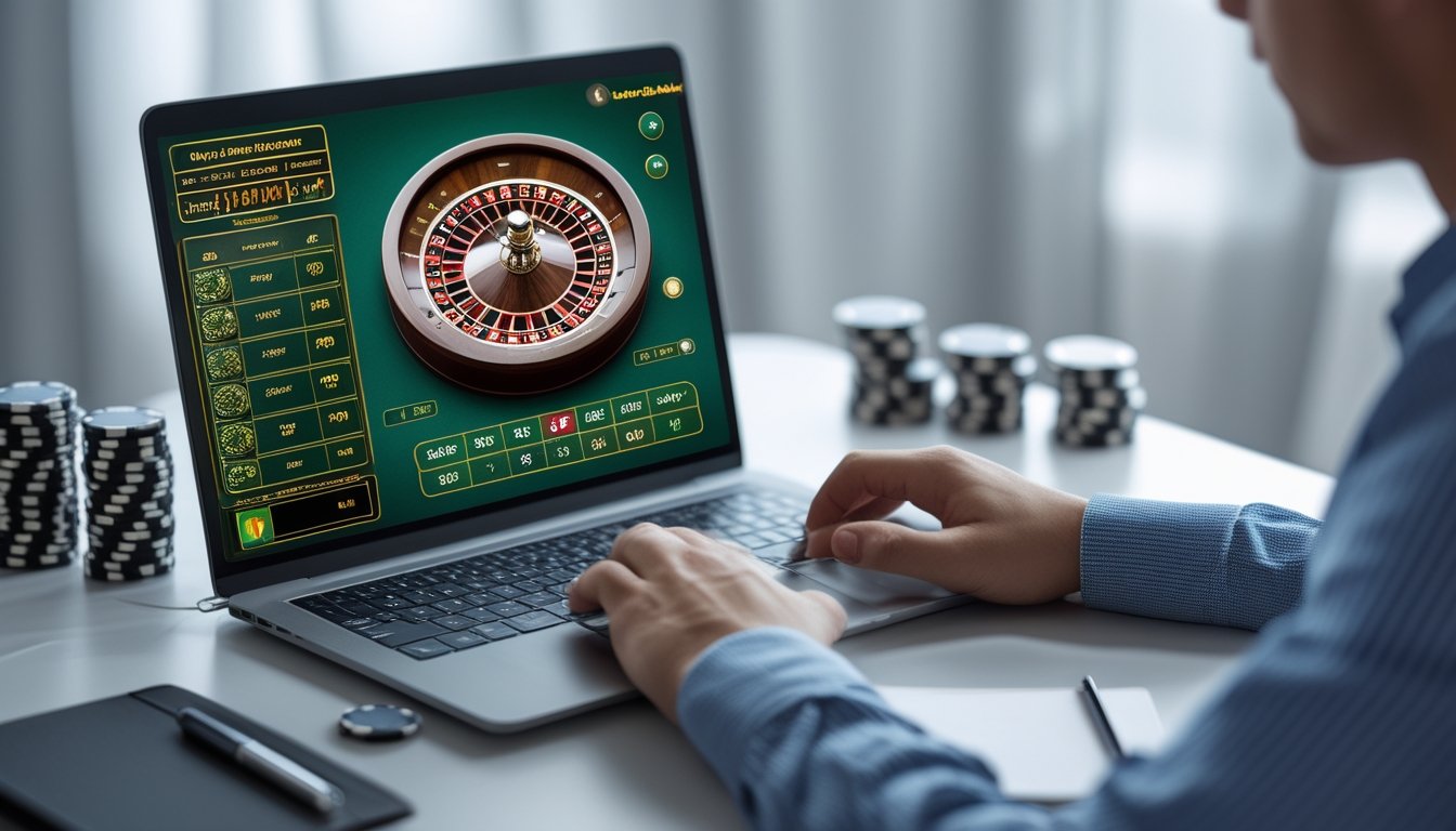 Seseorang sedang mengelola modal saat bermain Lightning Roulette online di depan komputer dengan chip poker dan buku catatan di meja.