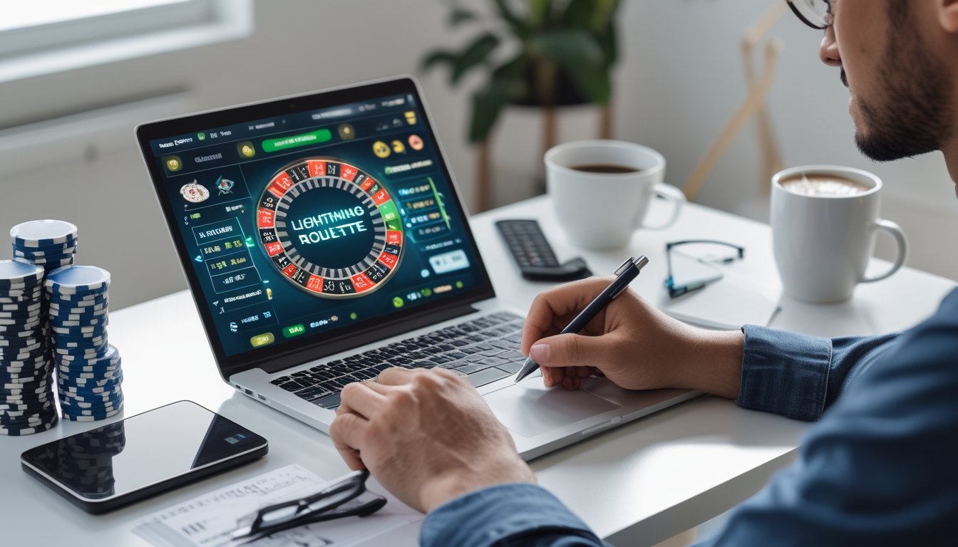 Seseorang sedang mengelola modal sambil bermain Lightning Roulette secara online di depan laptop di ruang kerja rumah.